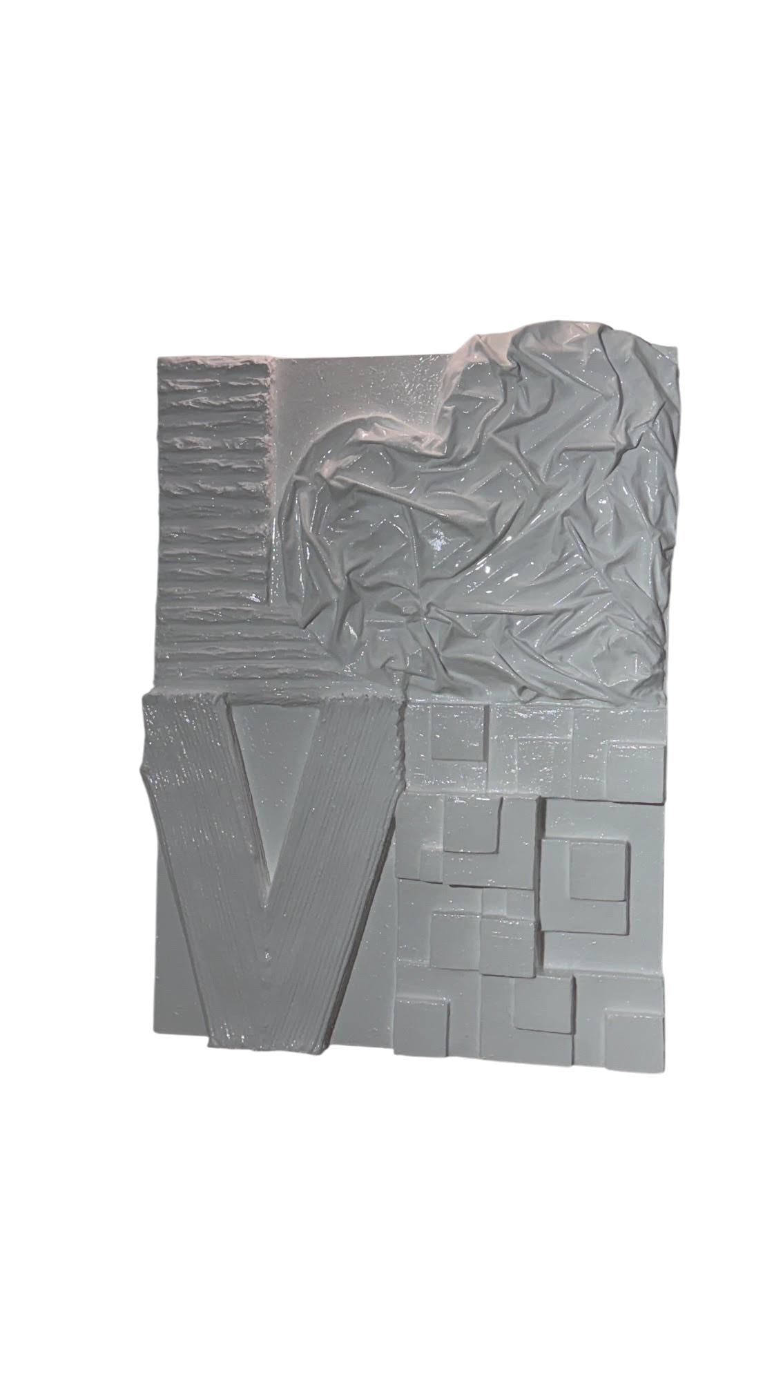 Bianco Terra LOVE No. 01 large-scale white 3D plaster wall art with resin finish and heart-shaped relief lettering.