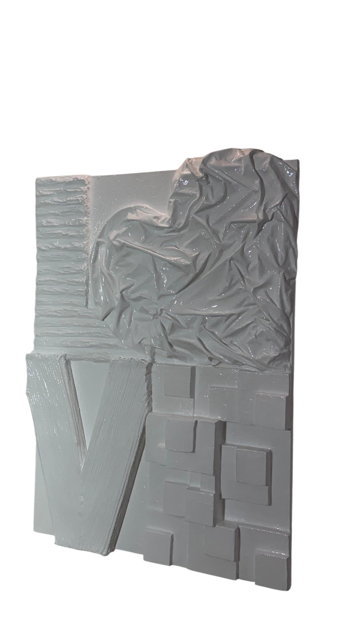Bianco Terra LOVE No. 01 large white 3D plaster wall art with a glossy resin finish and heart-shaped relief design.