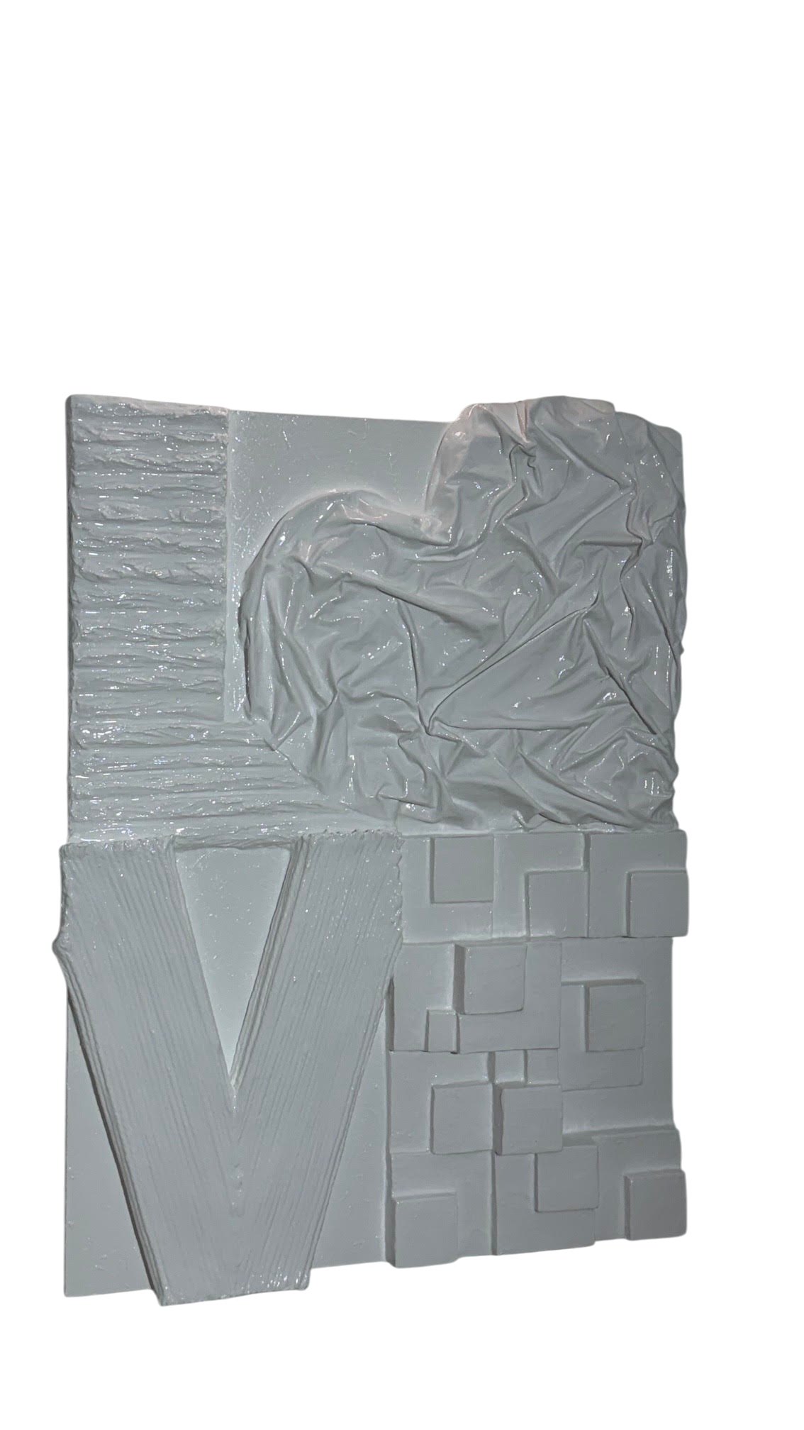 Bianco Terra LOVE No. 01 large-scale white 3D plaster wall art with a glossy resin finish and heart-shaped O design.