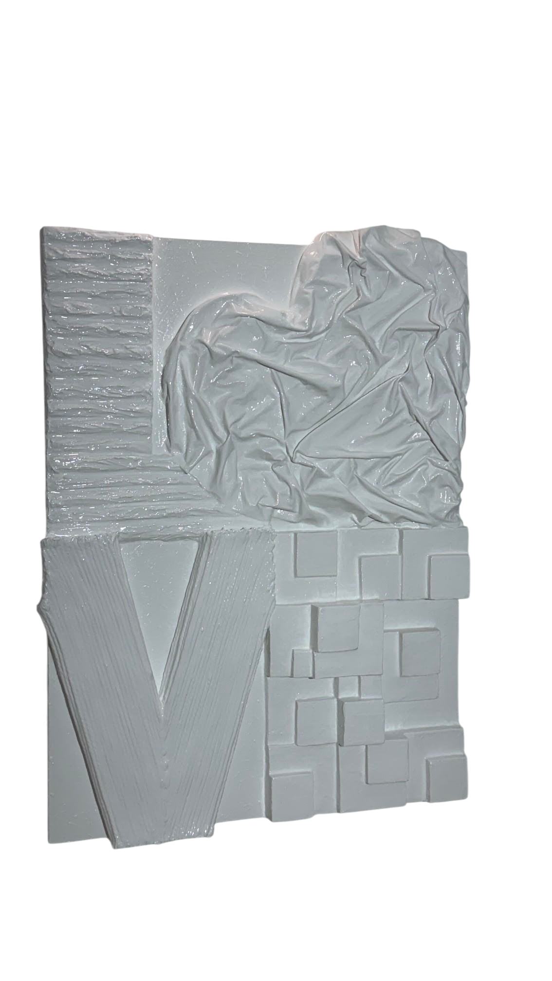 Bianco Terra LOVE No. 01 white 3D plaster wall art with resin finish and heart-shaped O on a gallery canvas