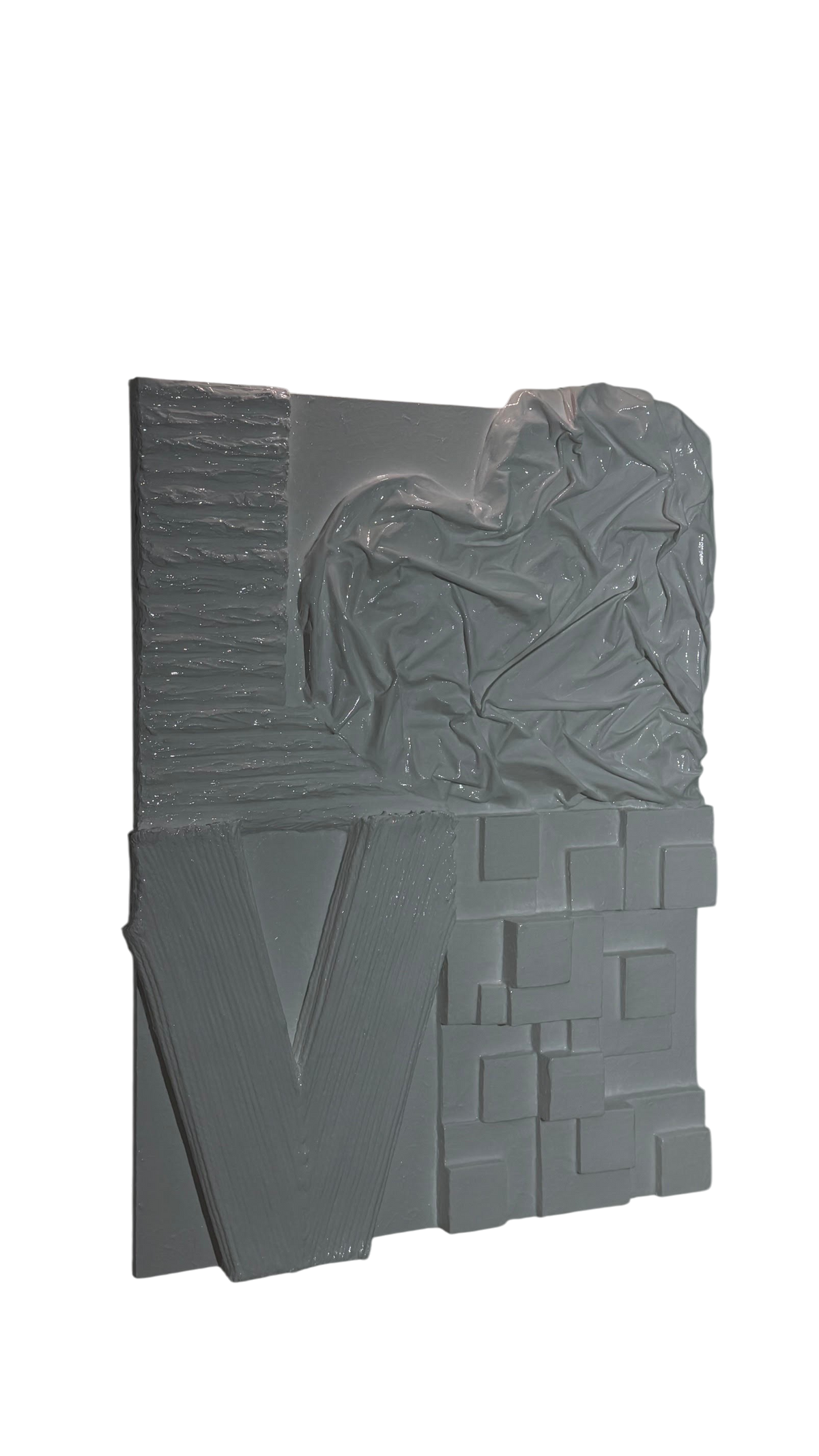 Bianco Terra LOVE No. 01 large-scale white 3D plaster wall art with resin finish and heart-shaped relief lettering.