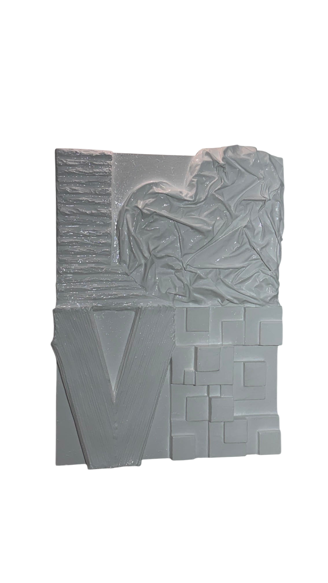 Bianco Terra LOVE No. 01 3D plaster wall art with resin finish, featuring textured white lettering and heart design.