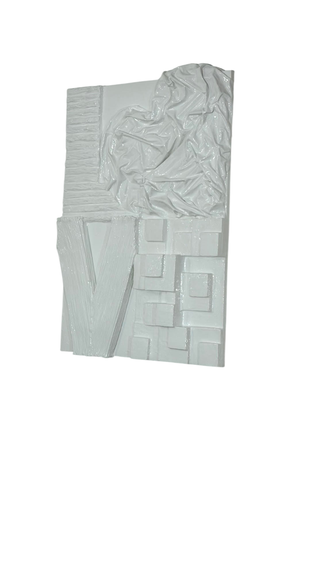 Bianco Terra LOVE No. 01 3D plaster wall art with glossy resin finish and textured white lettering on a gallery canvas