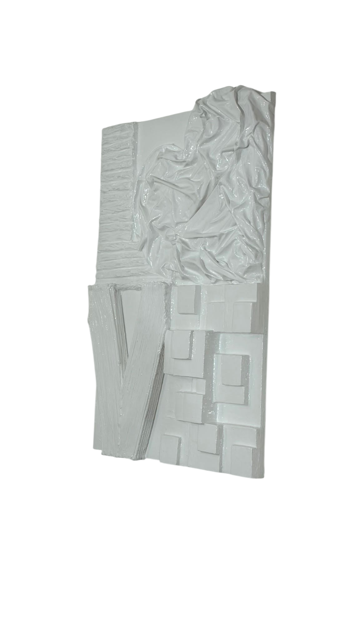Bianco Terra LOVE No. 01 large-scale white 3D plaster wall art with glossy resin finish and heart-shaped relief.