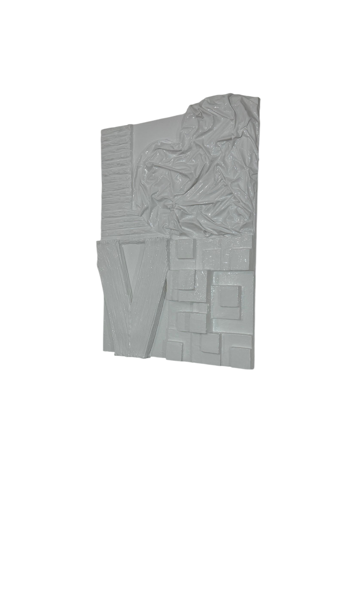 Bianco Terra LOVE No. 01 3D plaster wall art with glossy resin finish hanging above a neutral living room sofa.