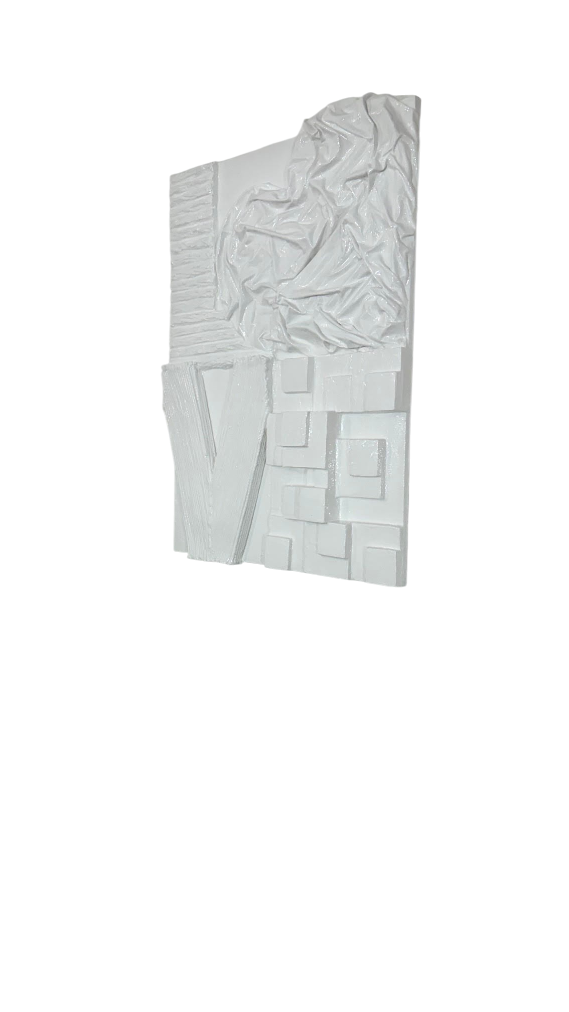 Bianco Terra LOVE No. 01 white 3D plaster wall art with resin finish hanging above a sofa in a modern living room.