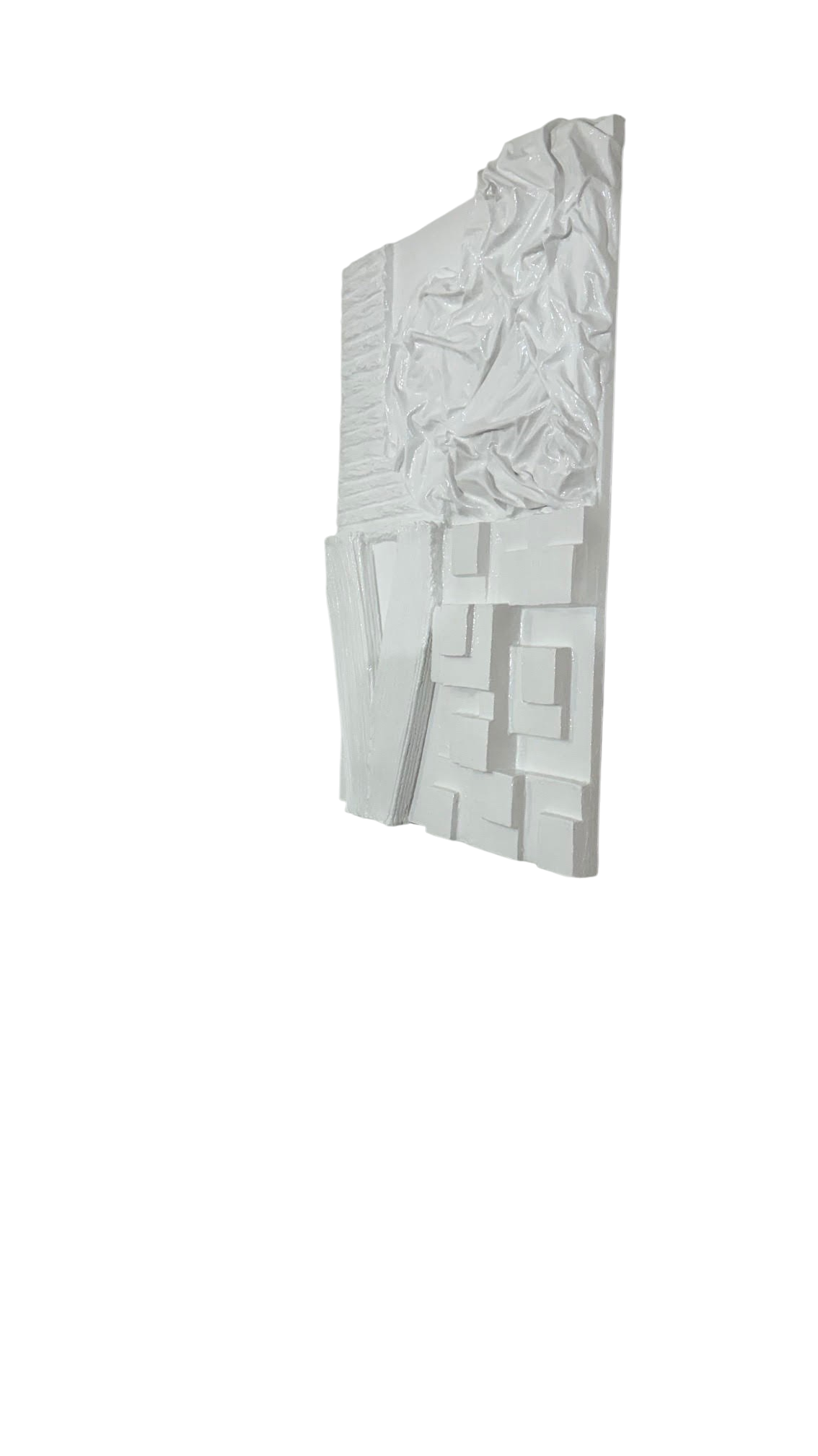 Bianco Terra LOVE No. 01 large white 3D textured plaster wall art with glossy resin finish hanging above a sofa