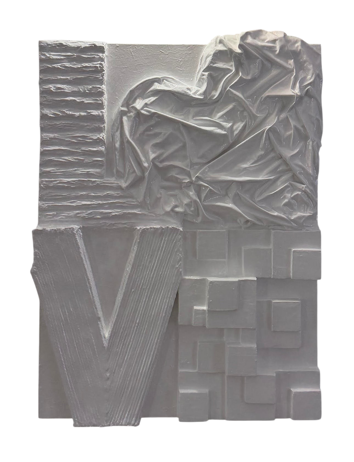 Bianco Terra LOVE No. 01 large-scale white 3D plaster wall art with resin finish and heart-shaped letter O