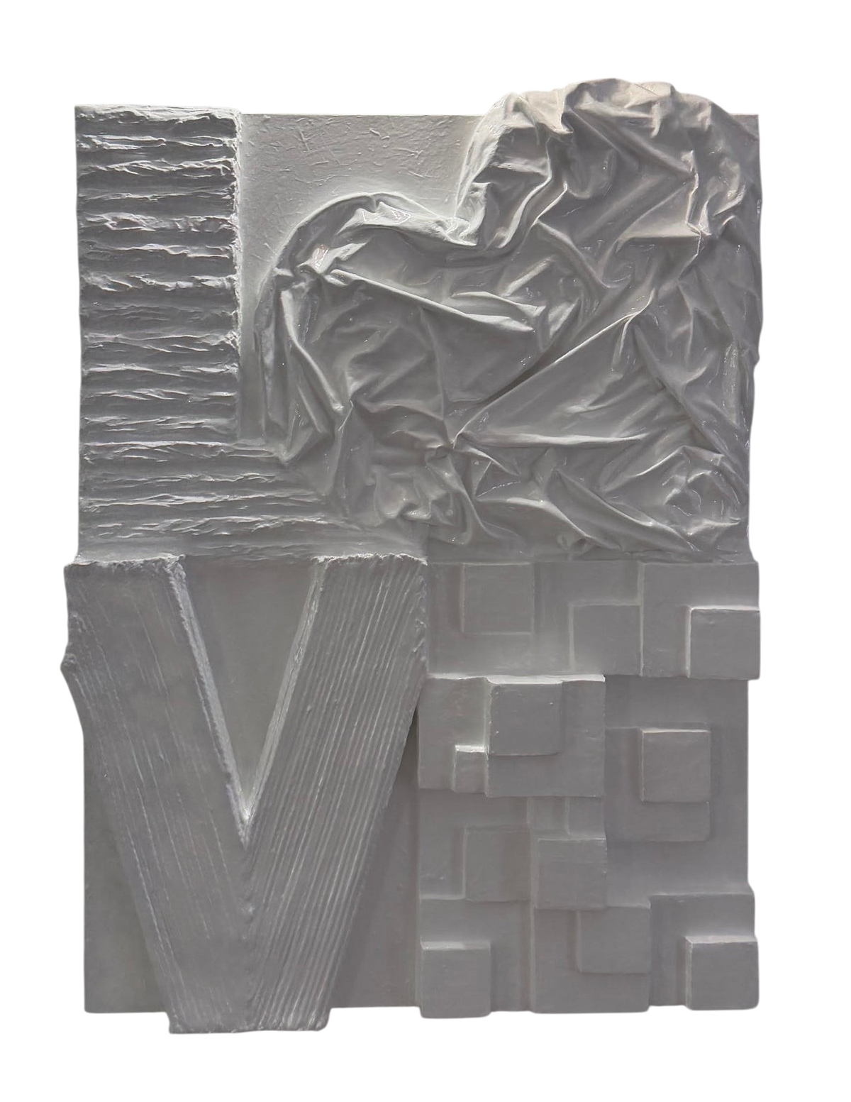 Bianco Terra LOVE No. 01 3D white plaster wall art with a glossy resin finish and textured heart-shaped lettering.