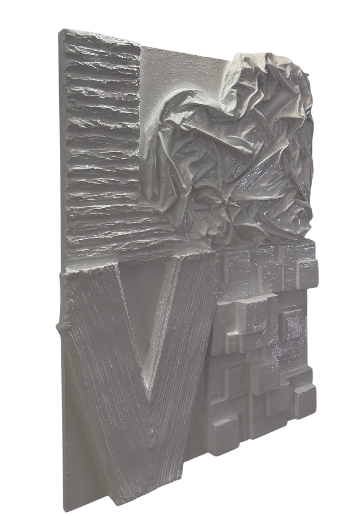 Bianco Terra LOVE No. 01 3D white plaster wall art with a glossy resin finish and textured heart-shaped lettering.