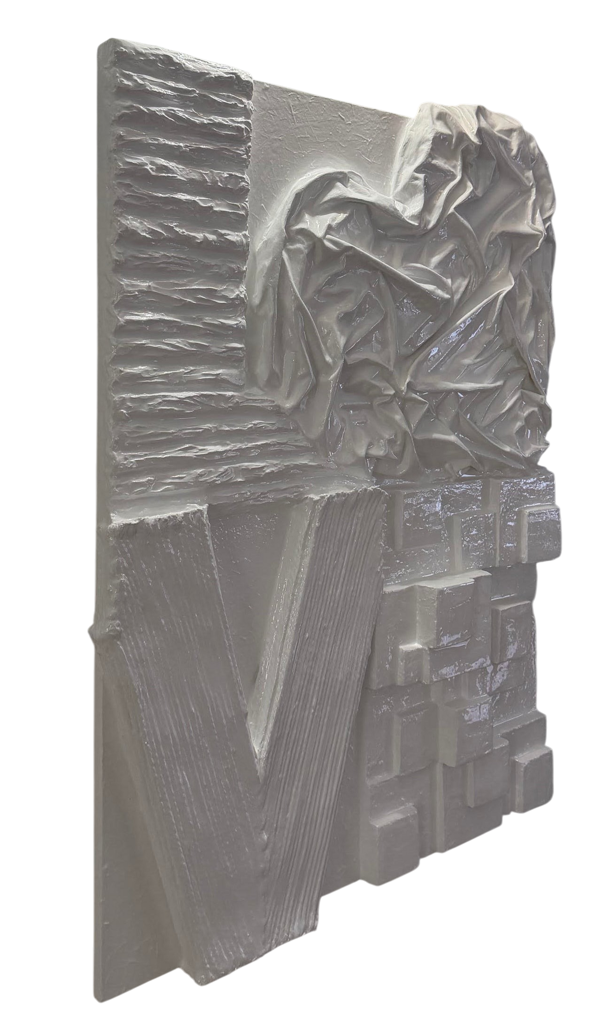 Bianco Terra LOVE No. 01 large-scale white 3D plaster wall art with glossy resin finish and textured heart detail.