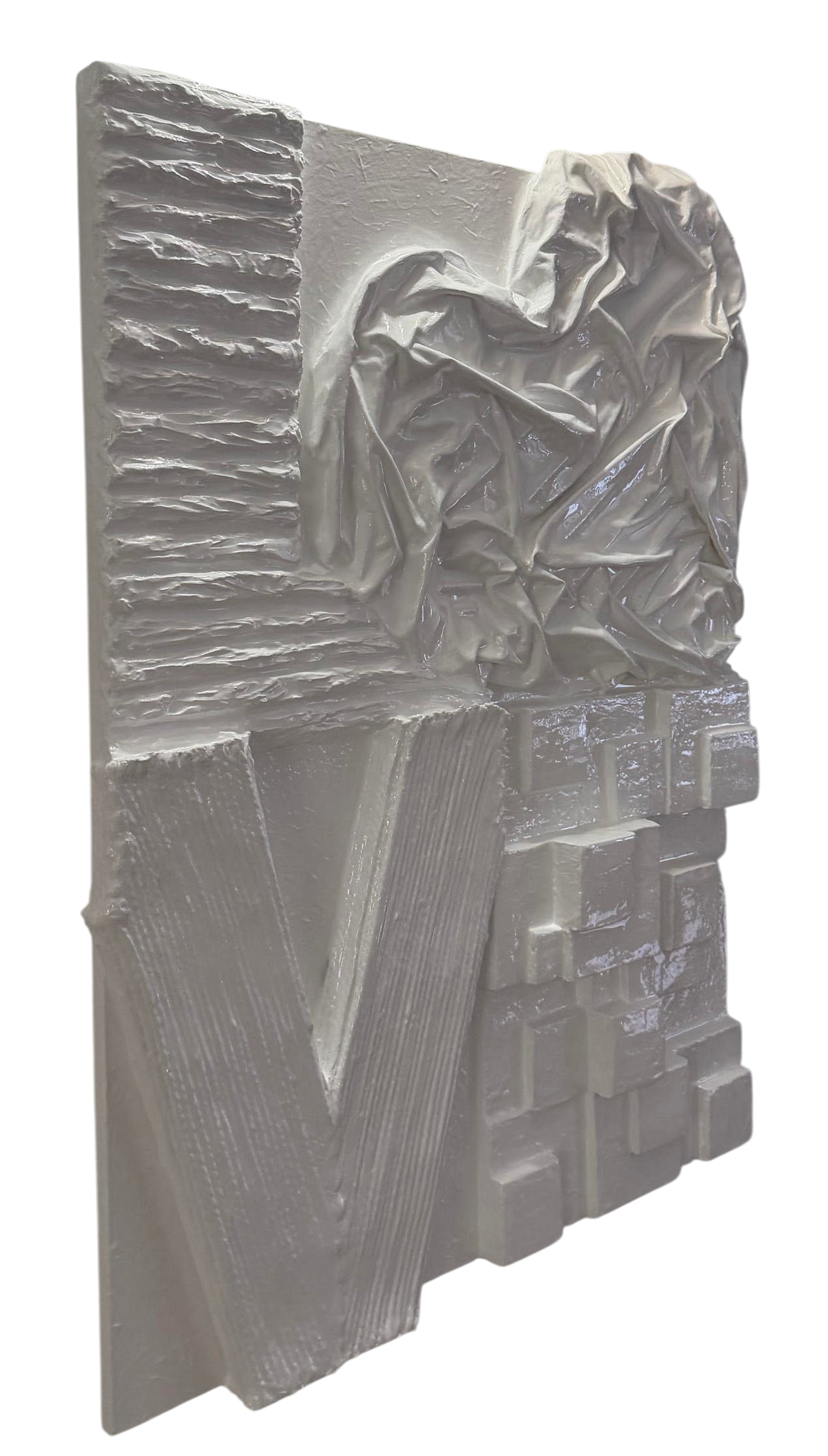 Bianco Terra LOVE No. 01 3D plaster wall art with a glossy resin finish and heart-shaped O in alabaster white.