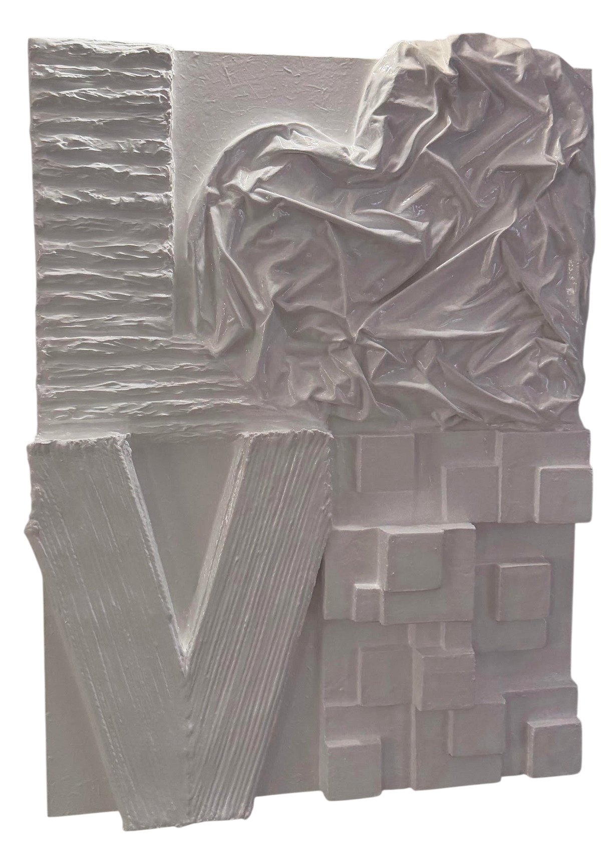 Bianco Terra LOVE No. 01 3D plaster wall art with white textured lettering and high-gloss resin finish.