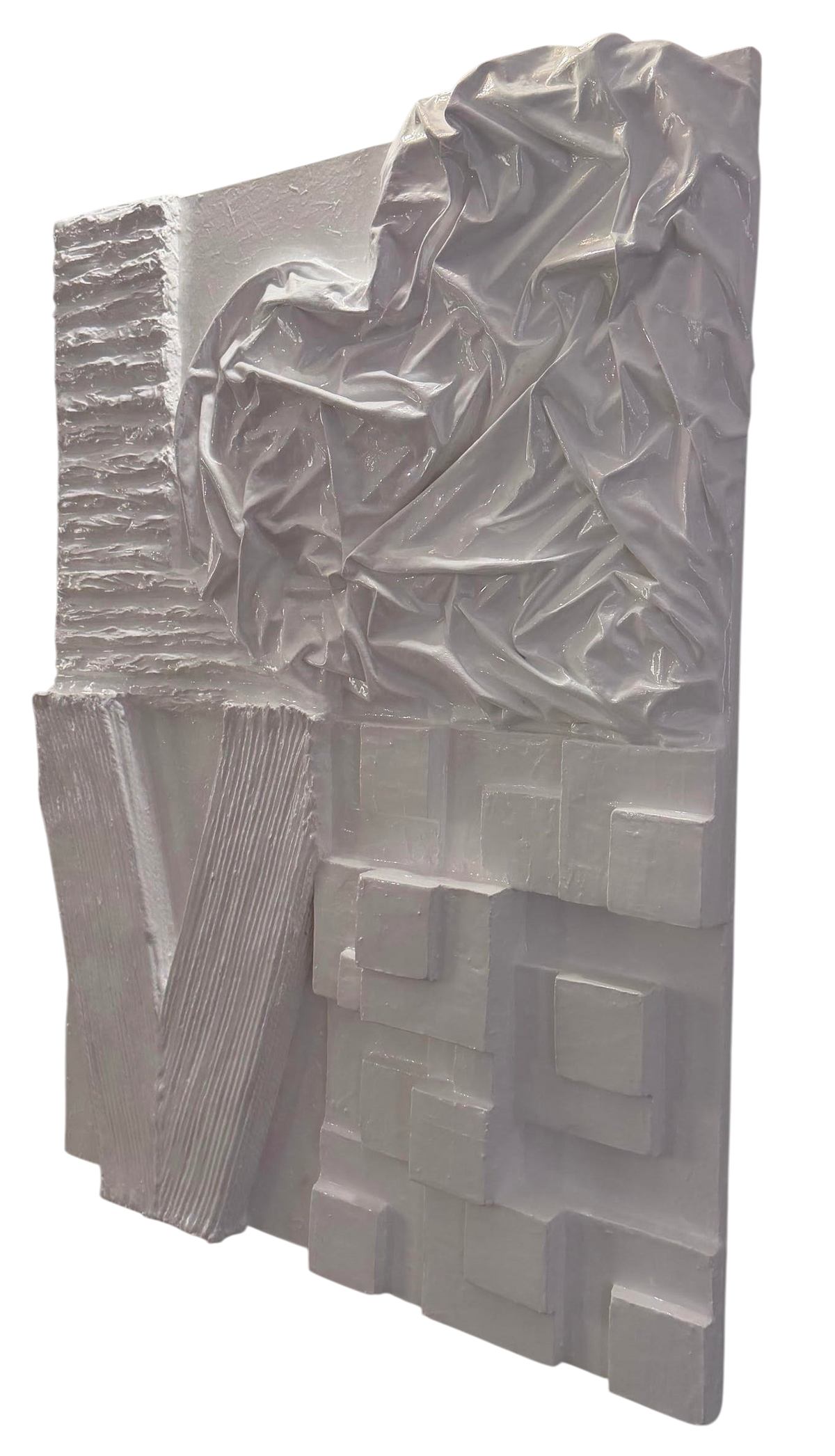 Bianco Terra LOVE No. 01 3D plaster wall art with white textured relief lettering and high-shine epoxy resin finish.