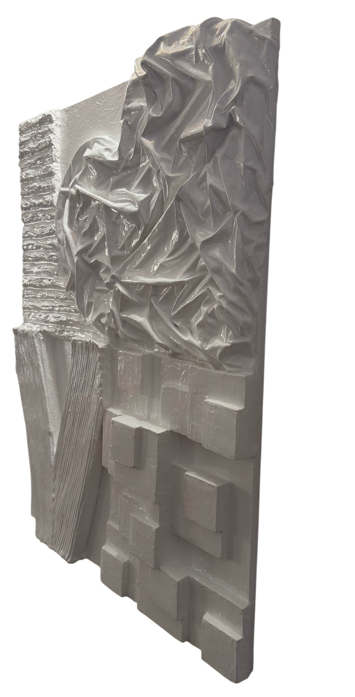 Bianco Terra LOVE No. 01 large-scale white 3D plaster wall art with resin finish and heart-shaped relief lettering.