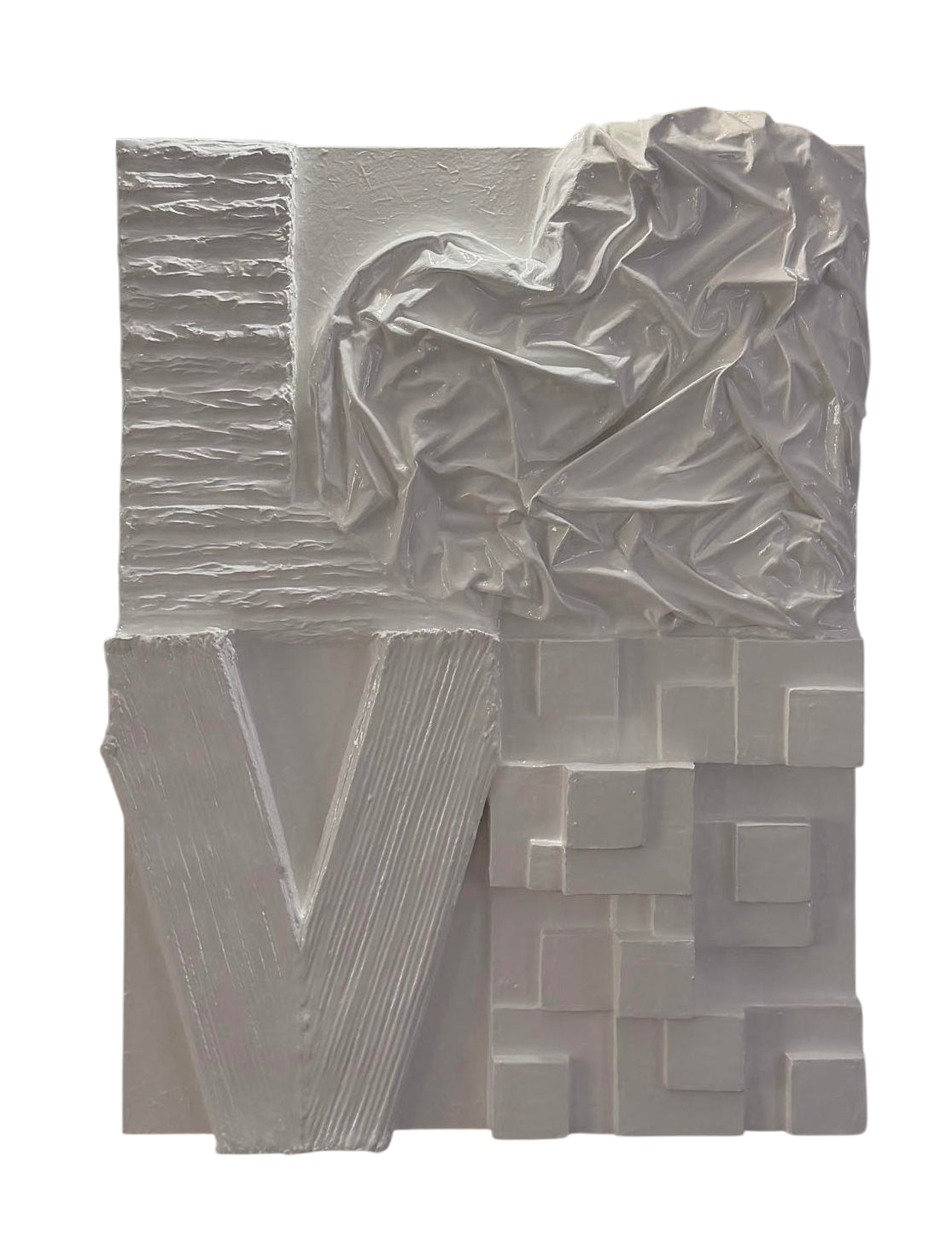 Bianco Terra LOVE No. 01 3D white plaster wall art with resin finish, featuring textured lettering and heart motif.