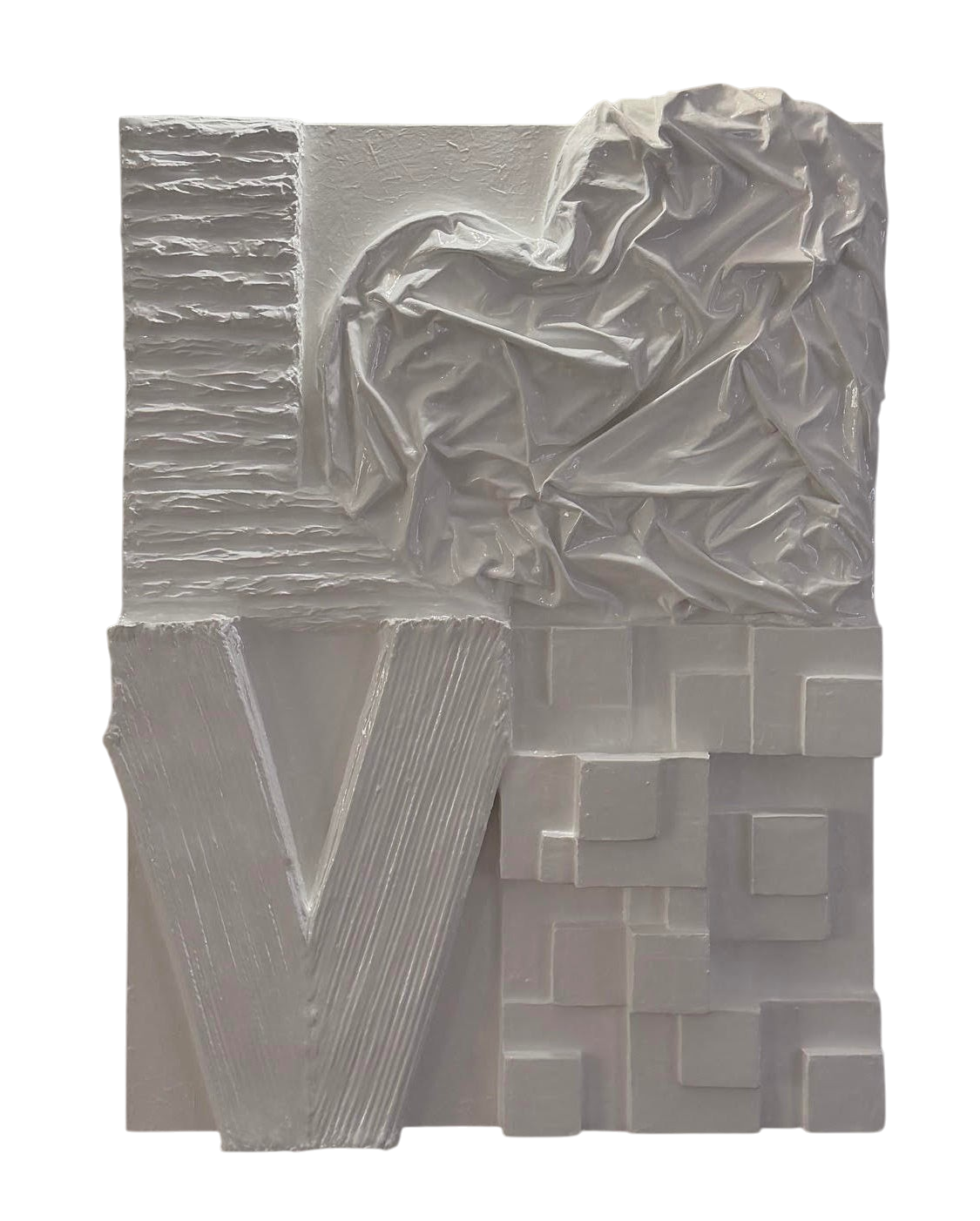 Bianco Terra LOVE No. 01 3D white plaster wall art with a glossy resin finish and heart-shaped relief lettering.
