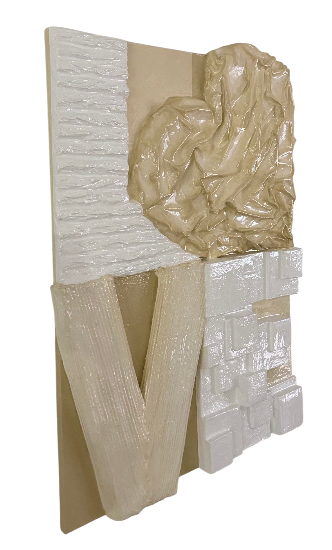 Bianco Terra LOVE No. 02 large 3D plaster wall art with resin finish, featuring textured white and nude heart design.