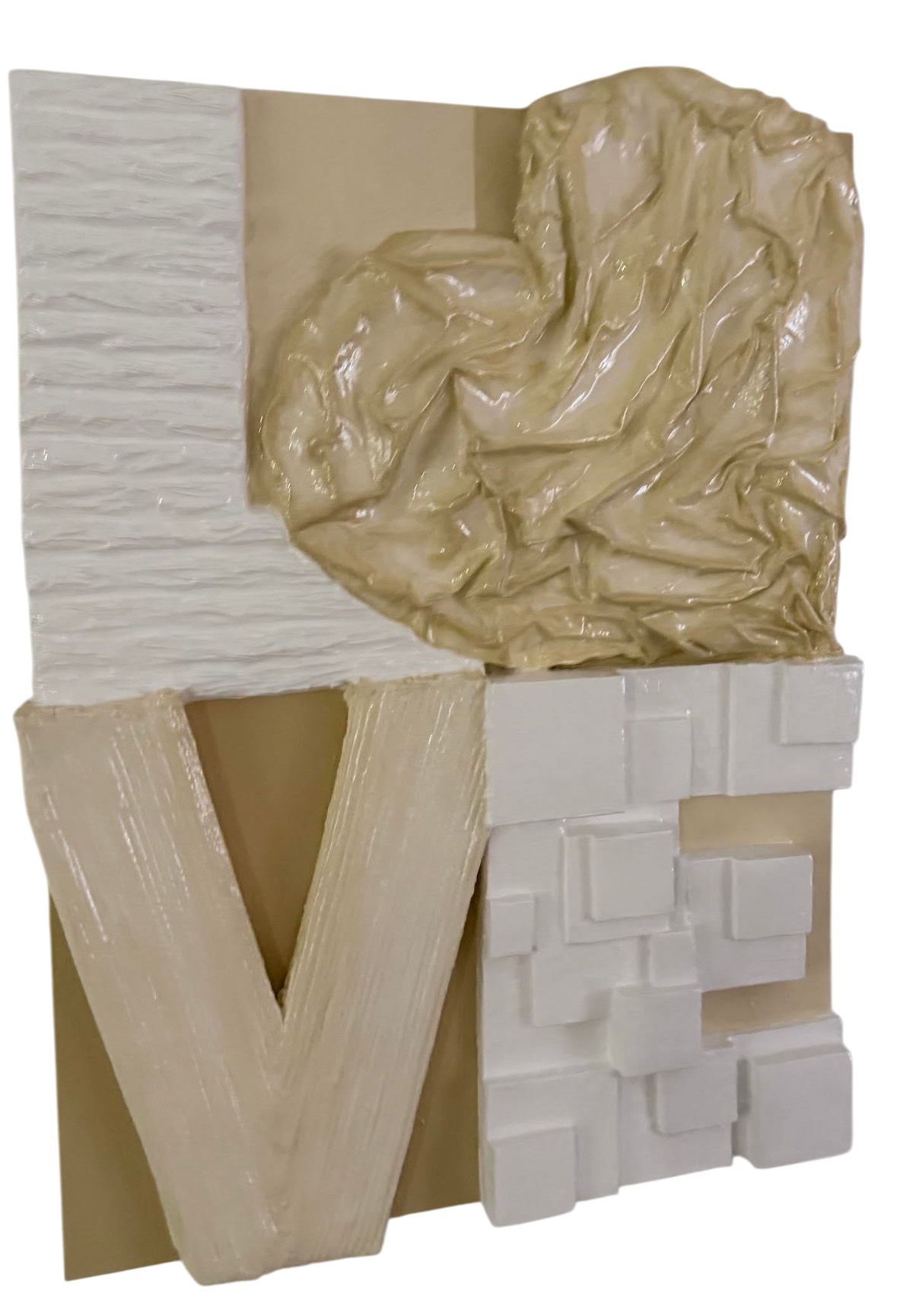 Bianco Terra LOVE No. 02 large-scale 3D plaster wall art with a glossy resin finish in alabaster and organic nude tones.