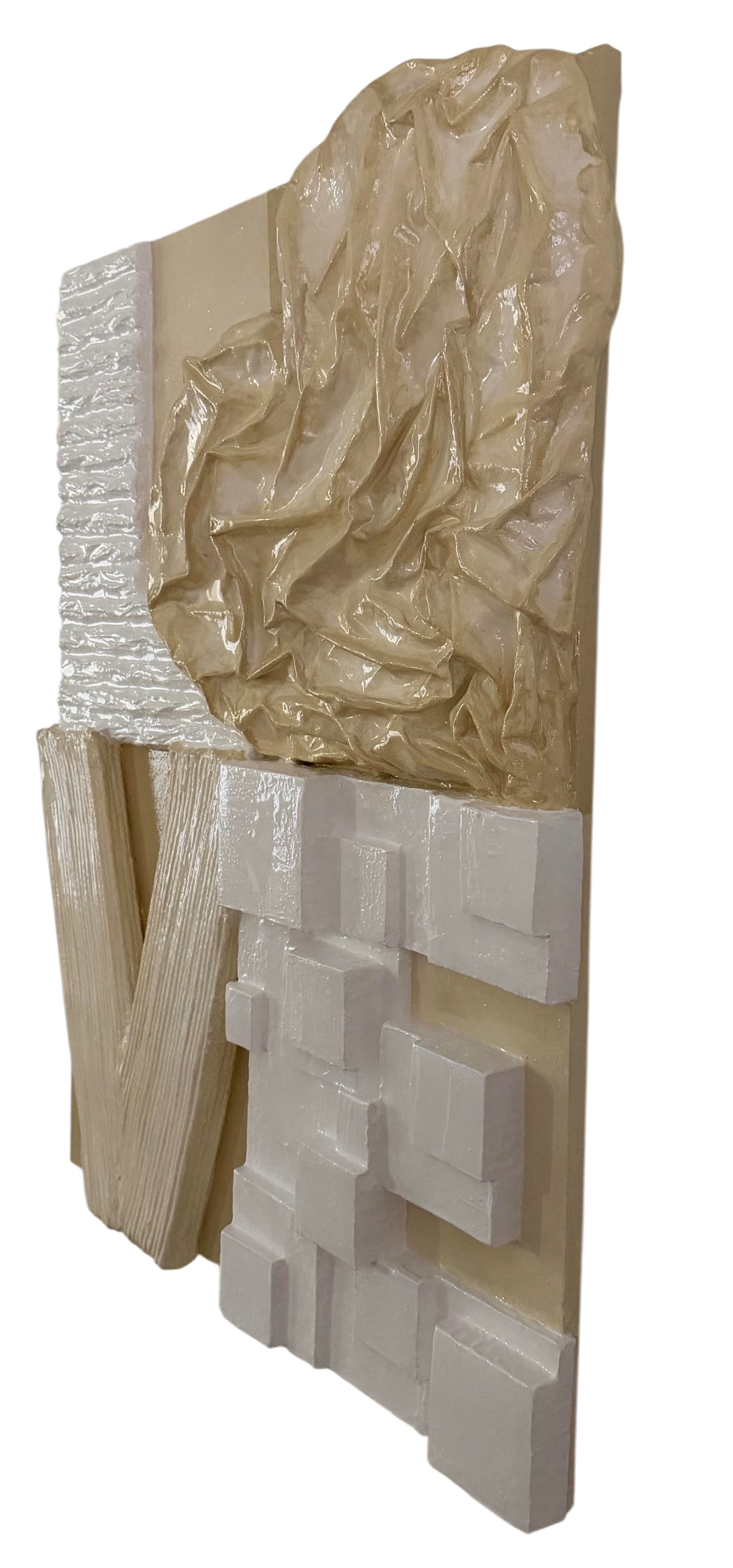 Bianco Terra LOVE No. 02 large 3D plaster wall art with glossy resin finish, heart motif, and textured white tones.