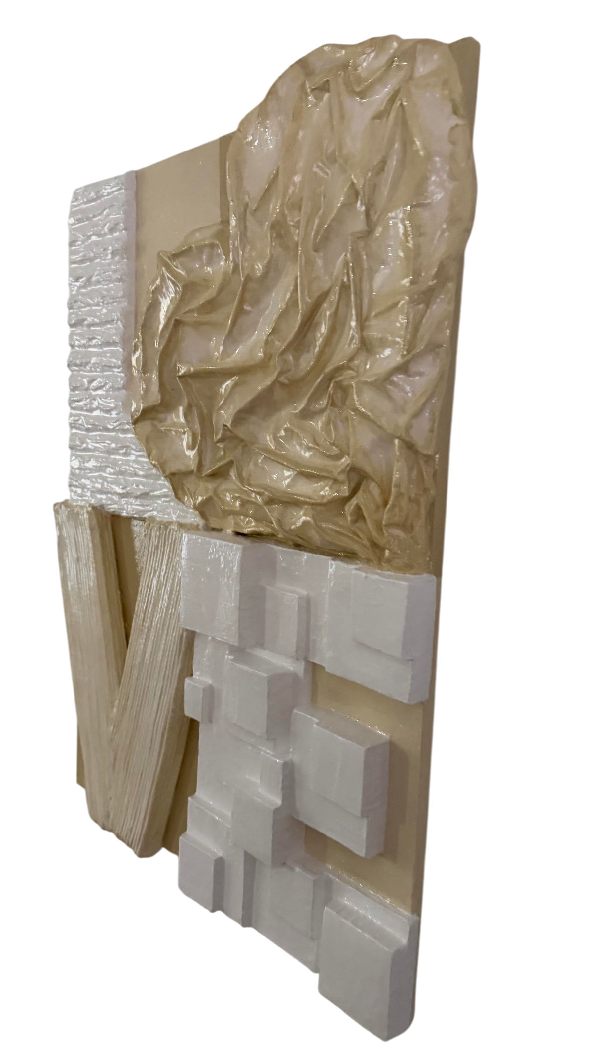 Bianco Terra LOVE No. 02 large-scale 3D plaster wall art with resin finish, heart-shaped design in white and nude tones.