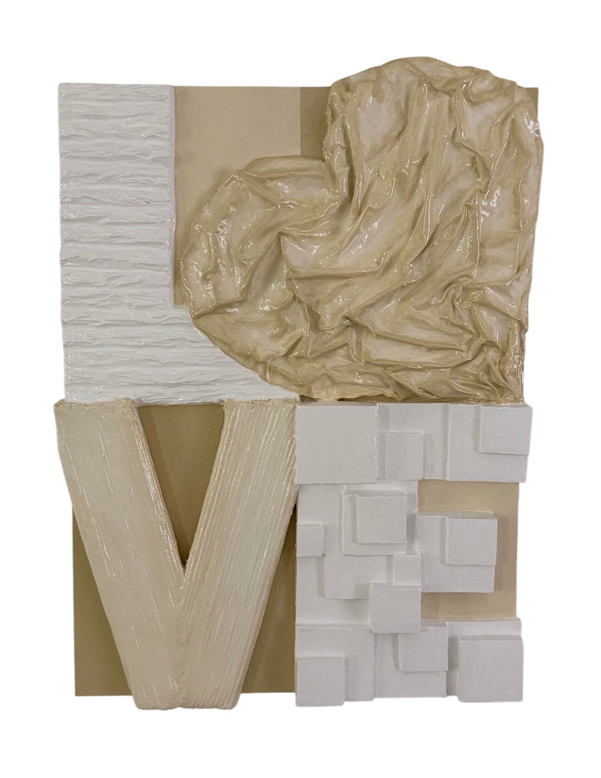 Bianco Terra LOVE No. 02 large-scale 3D plaster wall art with resin finish, featuring heart-shaped relief in nude tones.