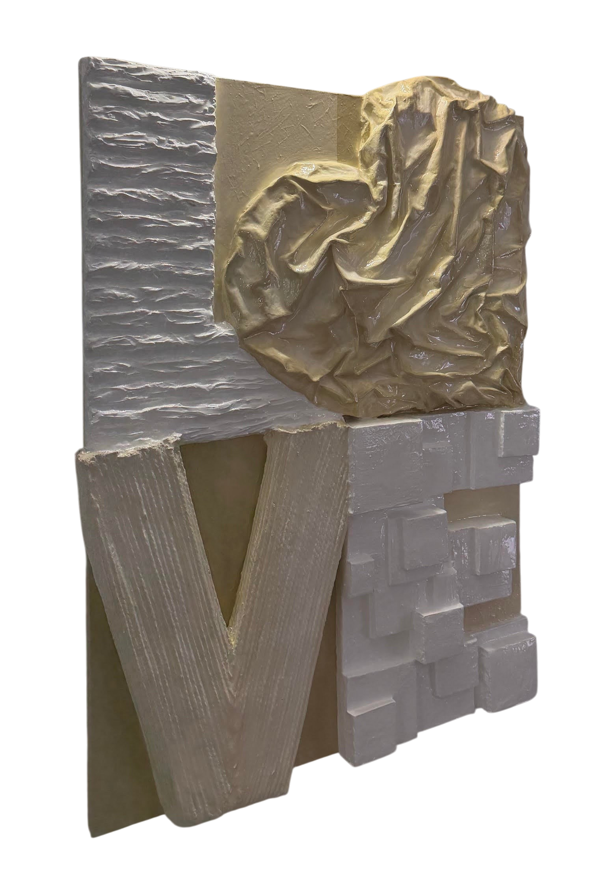 Bianco Terra LOVE No. 02 large-scale 3D plaster wall art with a glossy resin finish and heart-shaped O in nude tones.