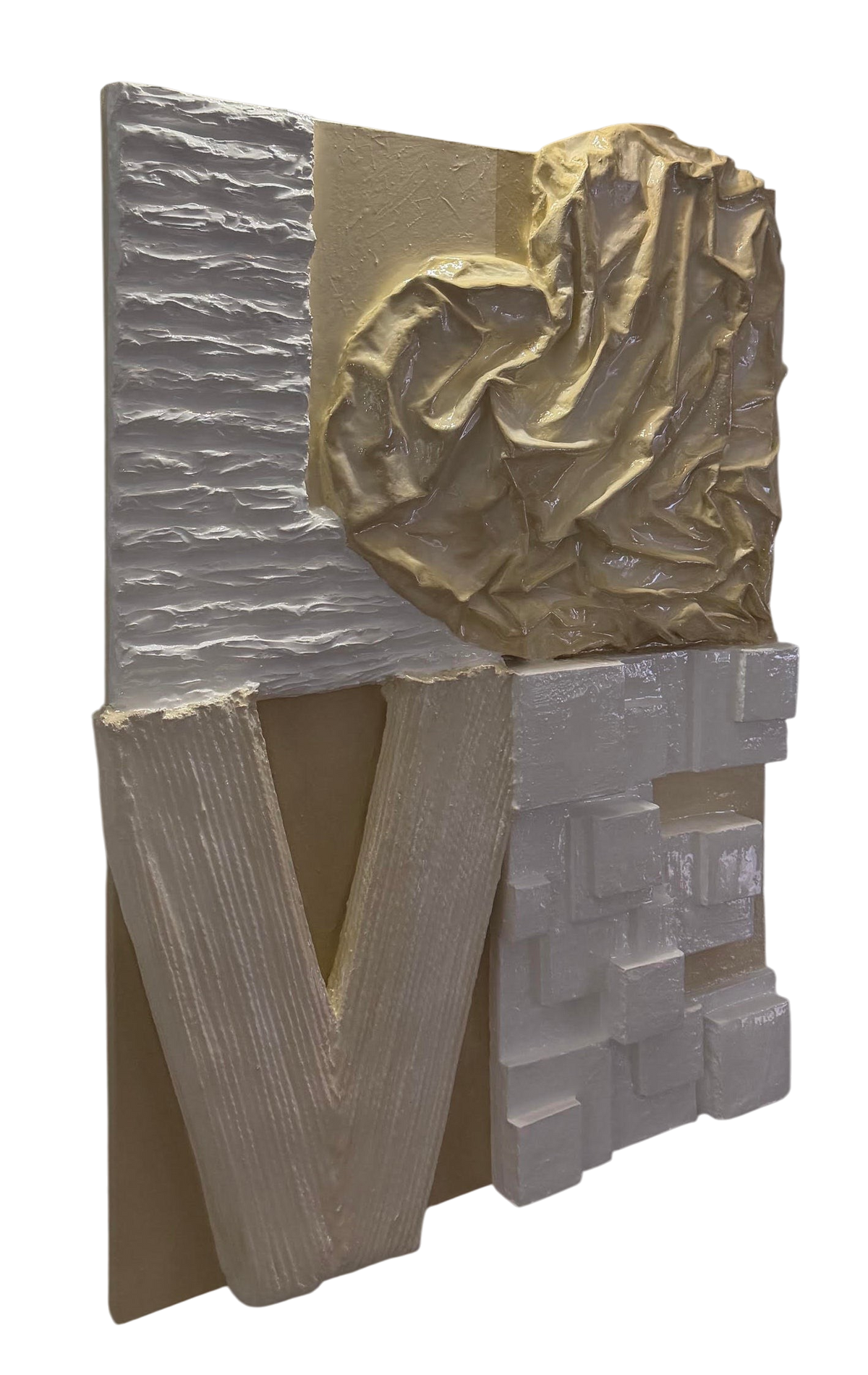 Bianco Terra LOVE No. 02 3D plaster wall art with a glossy resin finish, featuring textured white and nude heart design.
