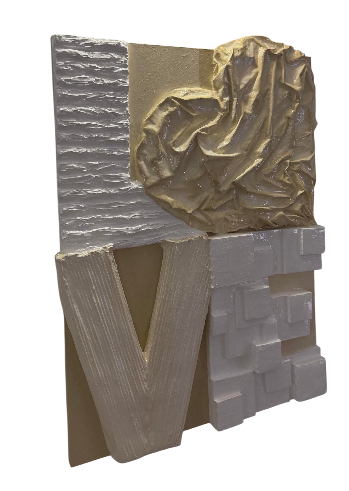 Bianco Terra LOVE No. 02 large 3D plaster wall art with a glossy resin finish in alabaster white and organic nude tones.