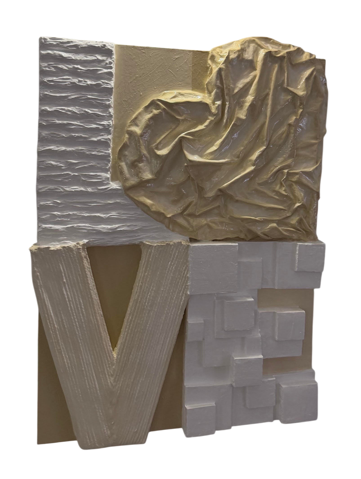 Bianco Terra LOVE No. 02 large-scale 3D plaster wall art with a glossy resin finish and heart-shaped relief design.