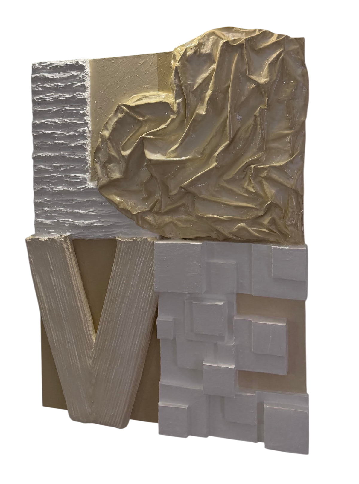 Bianco Terra LOVE No. 02 large-scale 3D plaster wall art with resin finish, featuring heart-shaped typography in white.