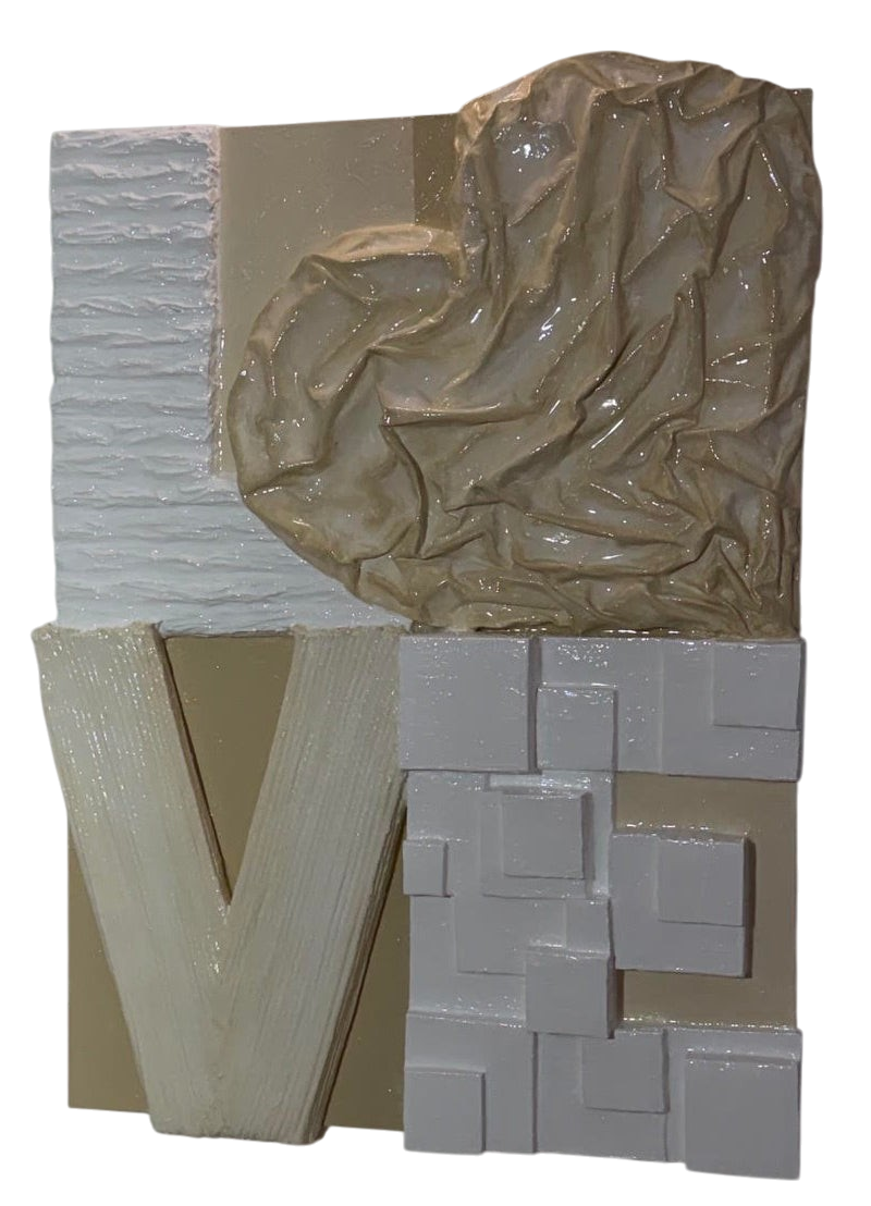 Bianco Terra LOVE No. 02 large-scale 3D plaster wall art with a glossy resin finish and textured heart-shaped design.