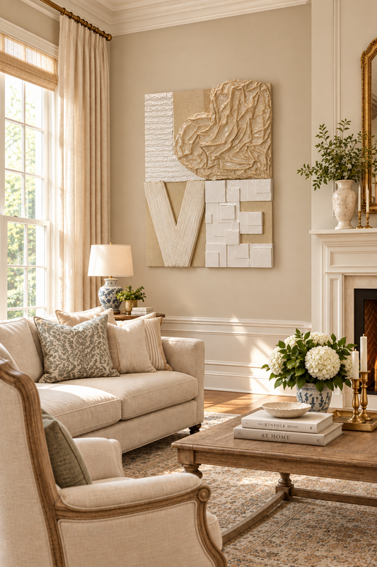 Bianco Terra LOVE No. 02 large-scale 3D plaster wall art with a glossy resin finish and textured heart-shaped design.