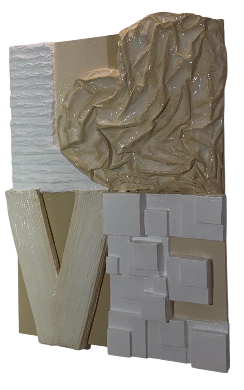 Bianco Terra LOVE No. 02 large-scale 3D plaster wall art with a glossy resin finish and heart-shaped relief lettering.