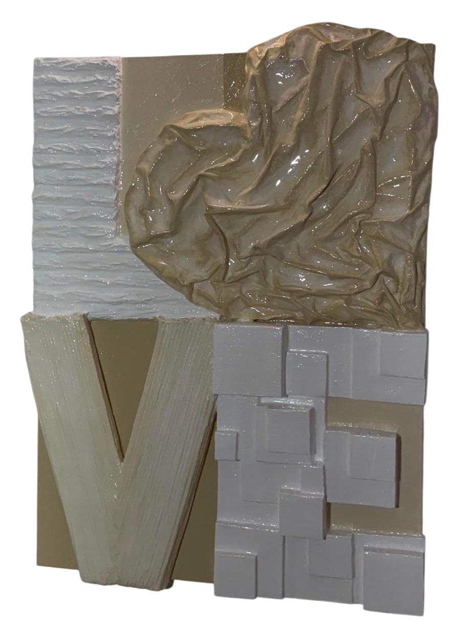 Bianco Terra LOVE No. 02 3D plaster wall art with resin finish, featuring textured white and nude geometric lettering.