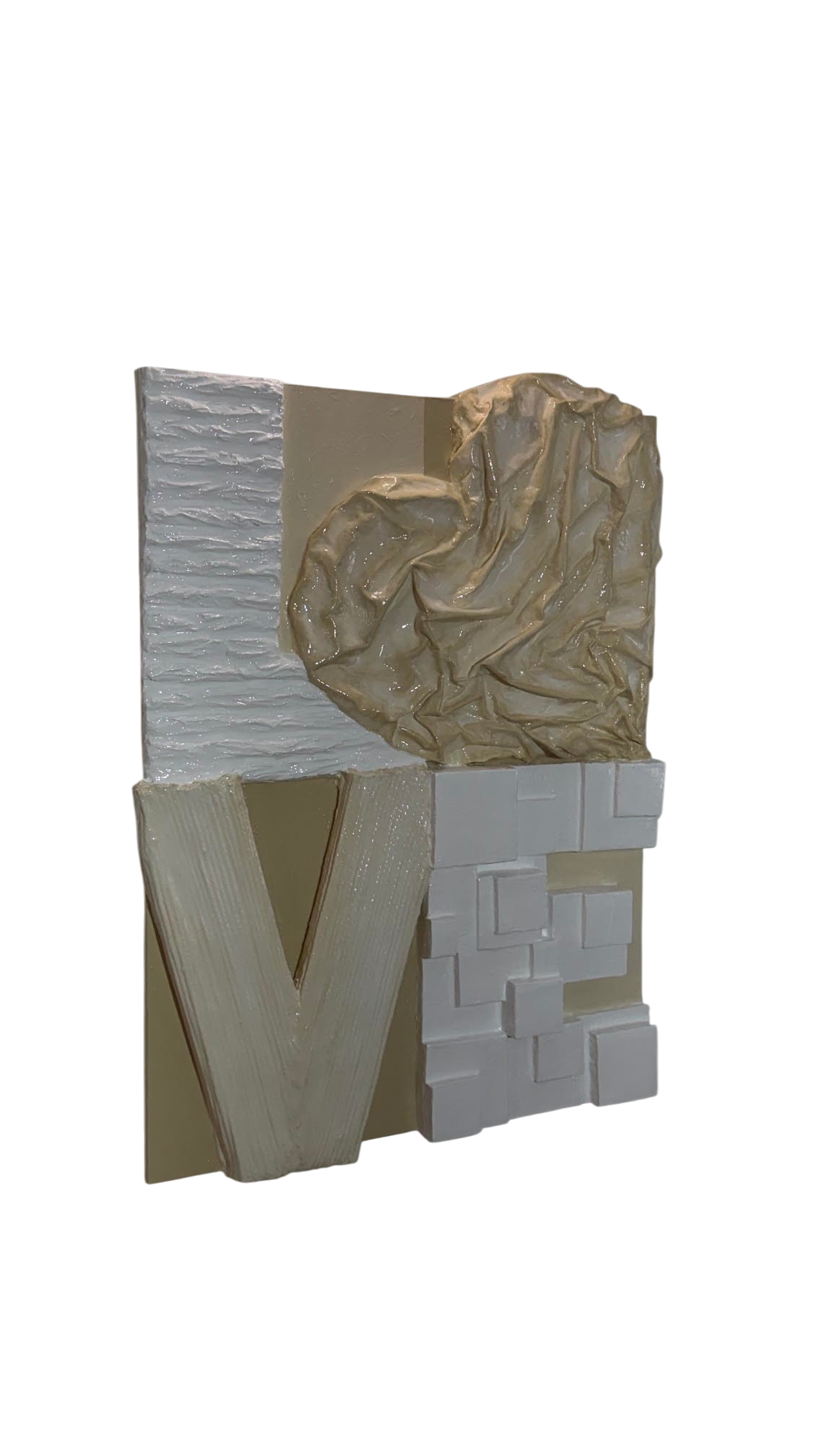 Bianco Terra LOVE No. 02 3D plaster wall art with resin finish, featuring textured white and nude heart typography.