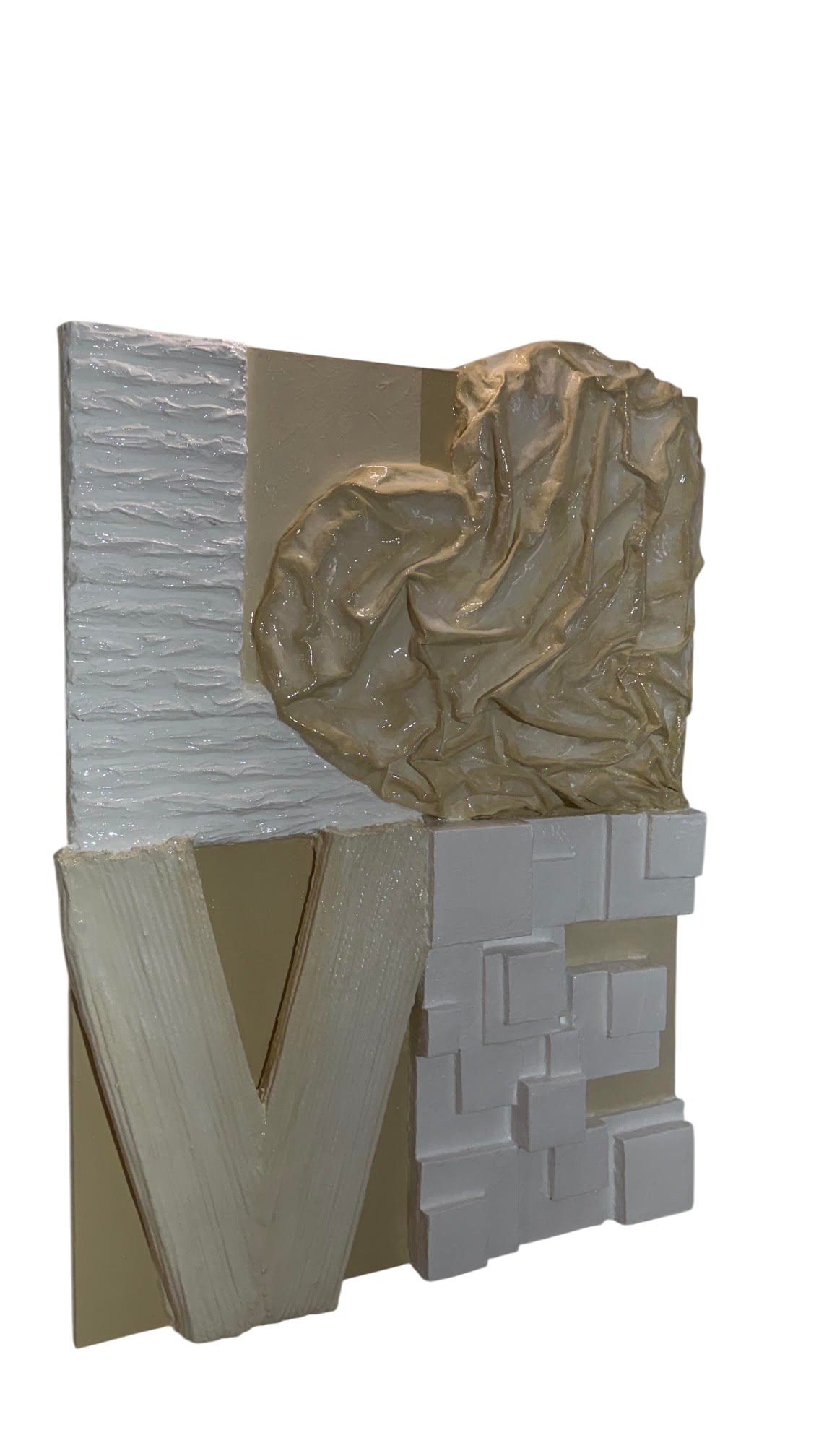 Bianco Terra LOVE No. 02 3D plaster wall art with resin finish, featuring textured white and nude heart typography.