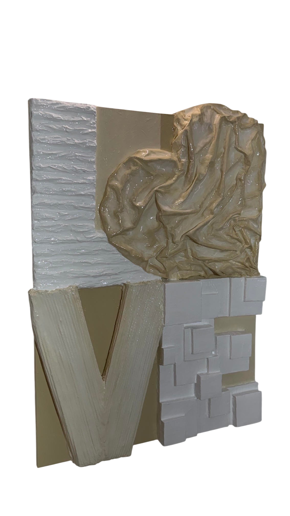Bianco Terra LOVE No. 02 large-scale 3D plaster wall art with a glossy resin finish and heart-shaped O in neutral tones.