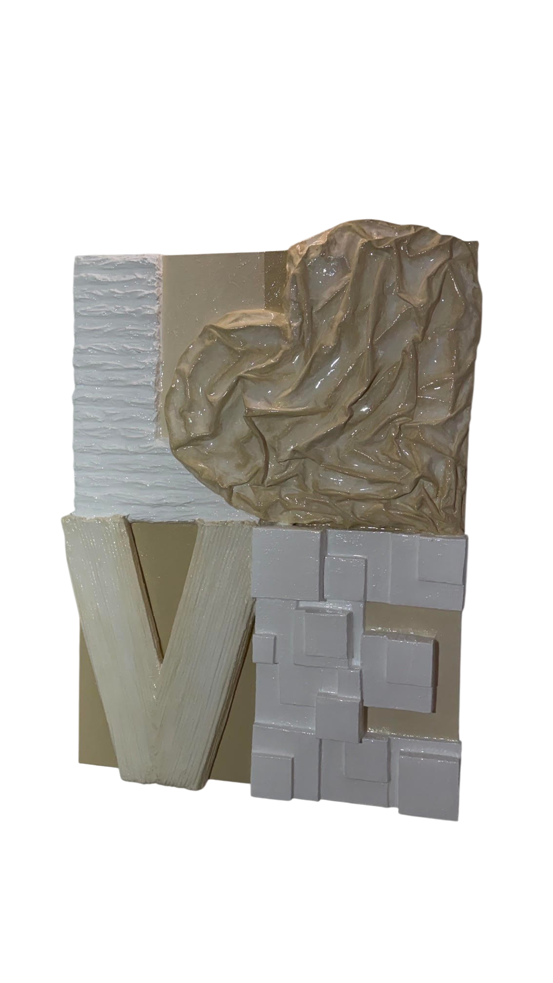 Bianco Terra LOVE No. 02 large 3D plaster wall art with resin finish, featuring heart-shaped relief in neutral tones.