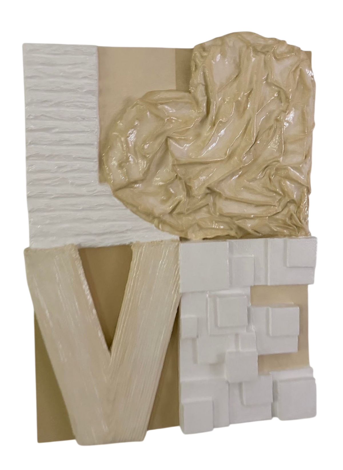 Bianco Terra LOVE No. 02 large 3D plaster wall art with resin-coated heart and textured white and nude geometric forms.