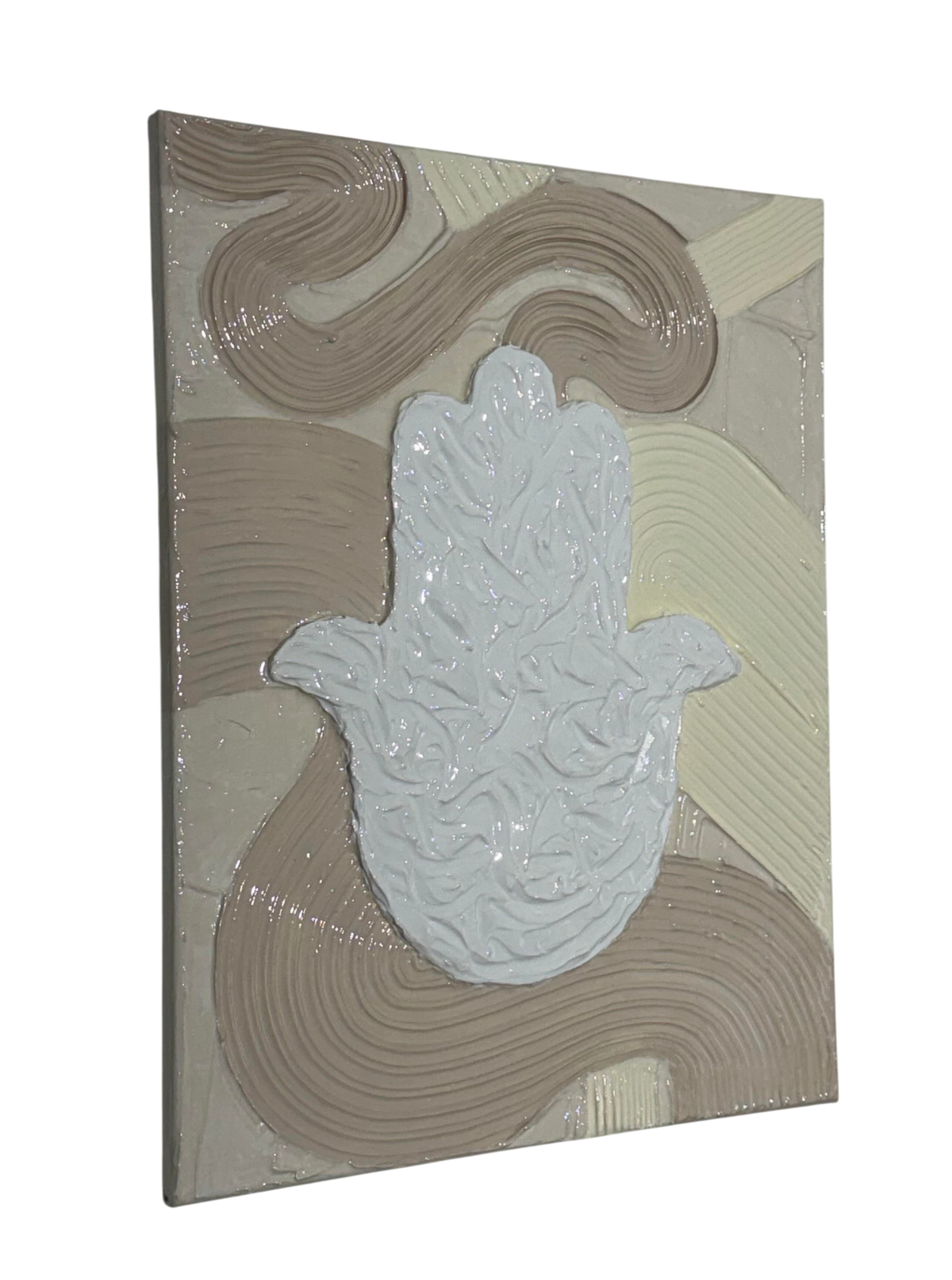 Bianco Terra MANO No. 01 textured Hamsa hand wall art in alabaster and nude plaster with a glossy resin finish.