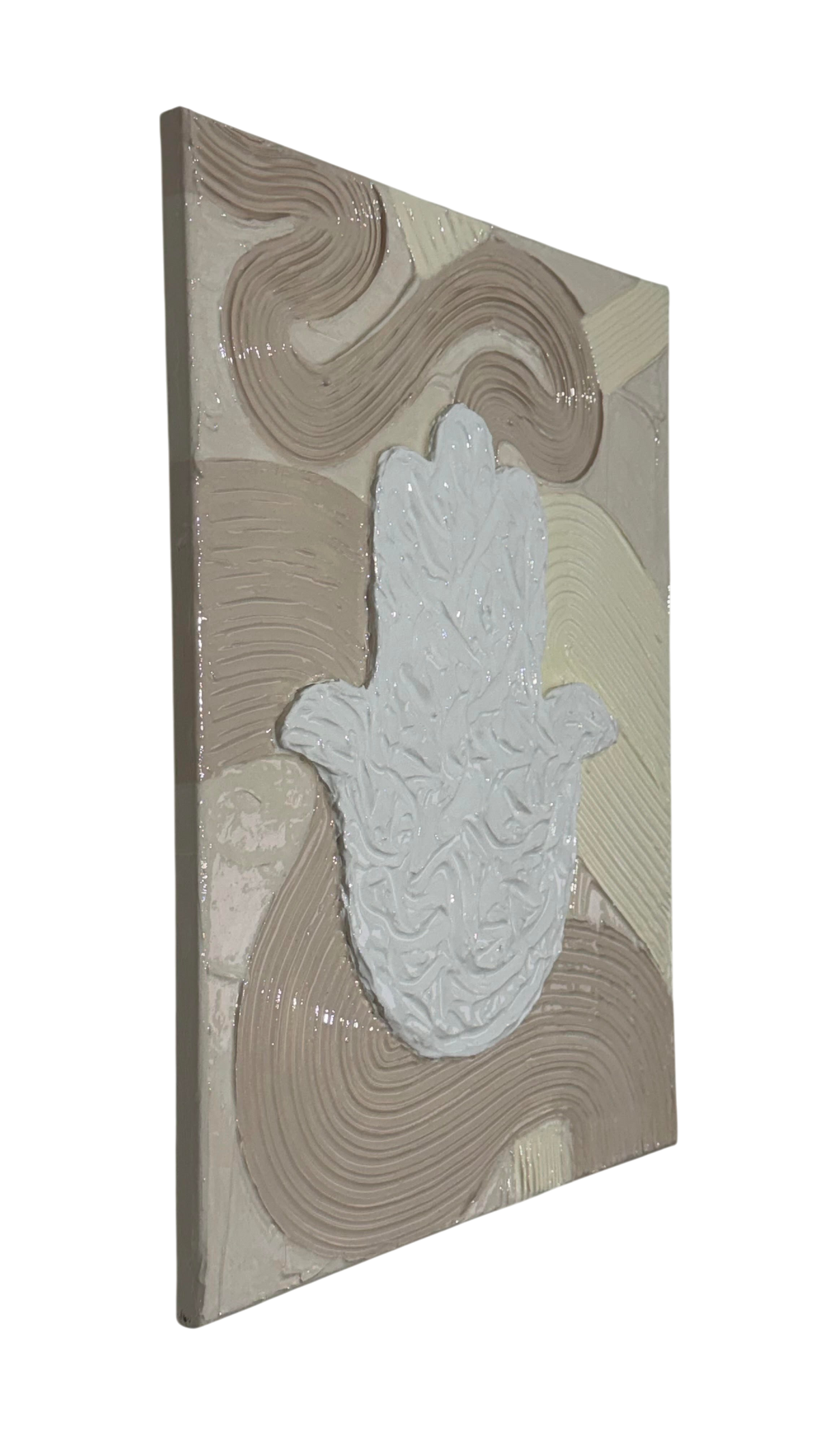 Bianco Terra MANO No. 01 textured Hamsa hand wall art featuring alabaster plaster waves and glossy resin finish.