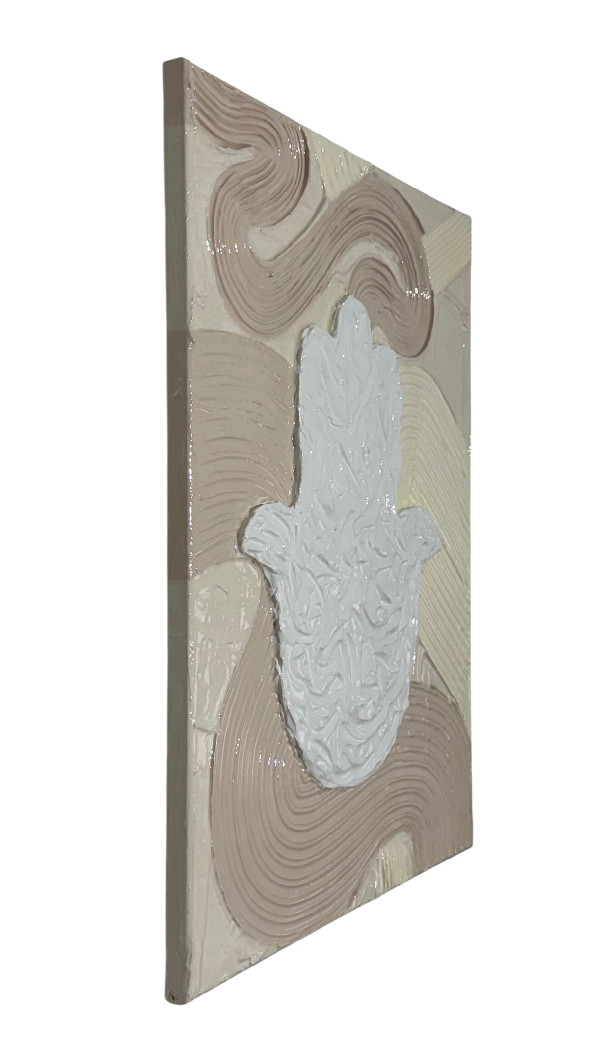 Bianco Terra MANO No. 01 textured Hamsa hand wall art with glossy resin and matte plaster waves in neutral earth tones.