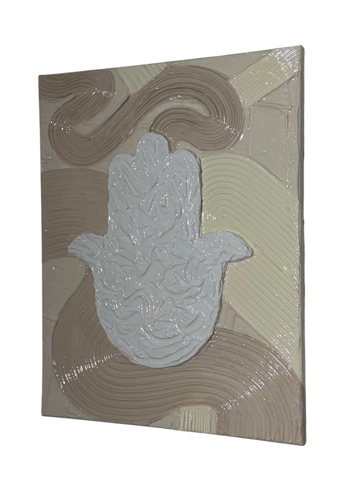 Bianco Terra MANO No. 01 textured hamsa hand wall art with glossy resin finish on a matte plaster wave background.