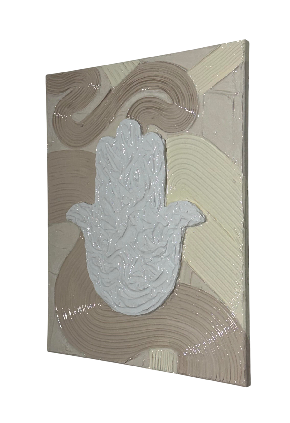 Bianco Terra MANO No. 01 textured Hamsa hand wall art in alabaster and nude plaster with a glossy resin finish.