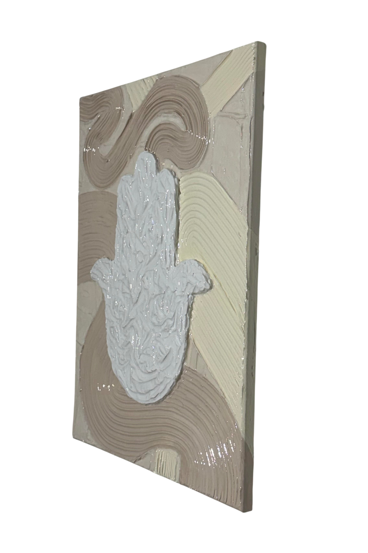 Bianco Terra MANO No. 01 textured Hamsa hand wall art with matte plaster waves and glossy resin finish in neutral tones