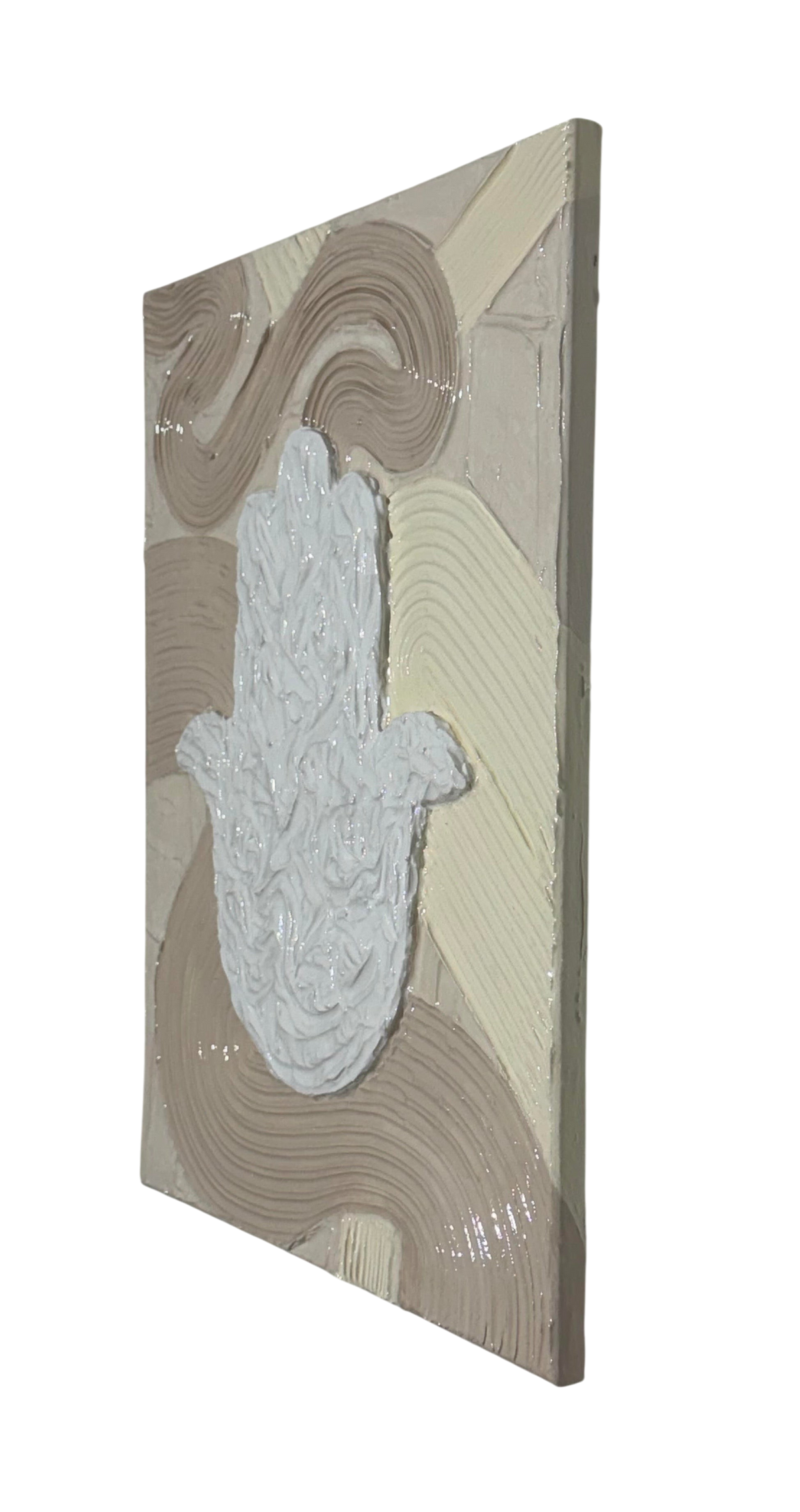 Bianco Terra MANO No. 01 textured Hamsa hand wall art with matte plaster waves and glossy resin in alabaster and nude