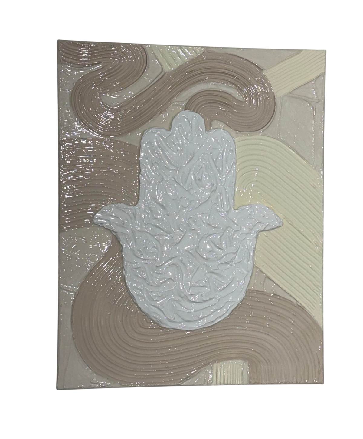 Bianco Terra MANO No. 01 textured Hamsa hand wall art with plaster waves in alabaster, chalk, and nude tones.