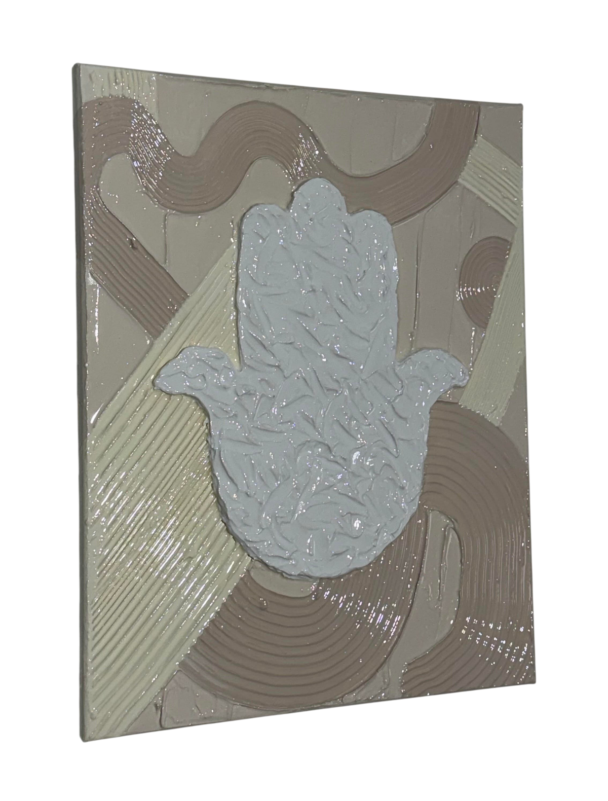 Bianco Terra MANO No. 02 textured Hamsa hand wall art with glossy resin and matte plaster waves in alabaster and nude.