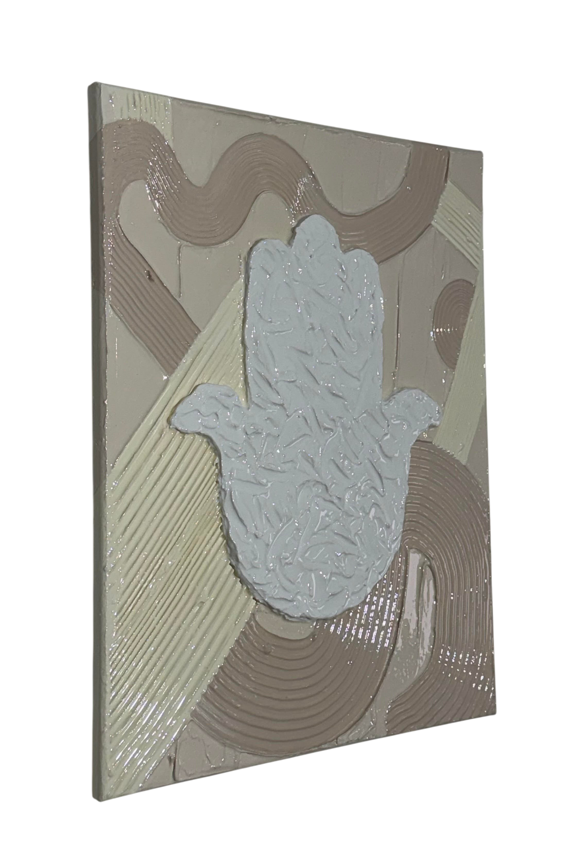 Bianco Terra MANO No. 02 textured Hamsa hand wall art with glossy resin and matte plaster waves in alabaster and nude.